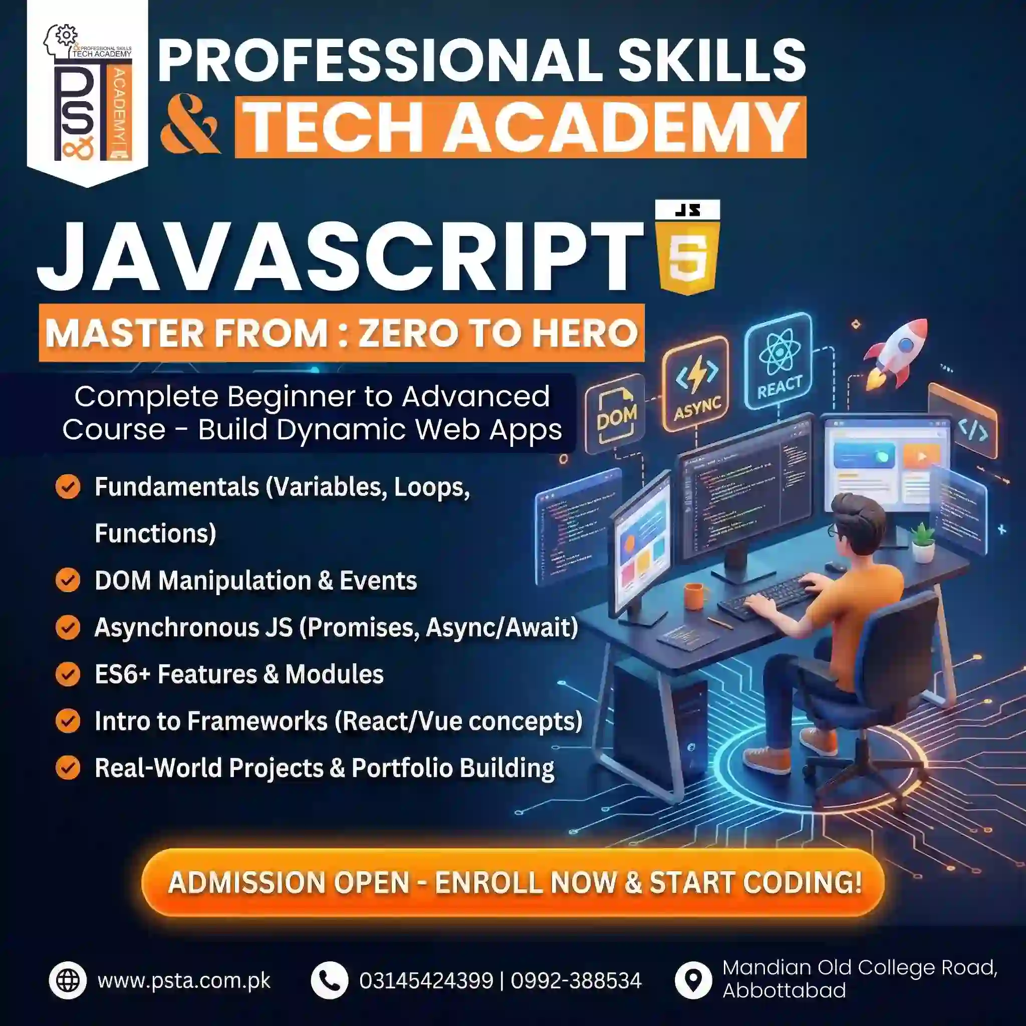 JavaScript Programming Course in Abbottabad: Beginner to React Certification Course Online in Pakistan & Abbottabad